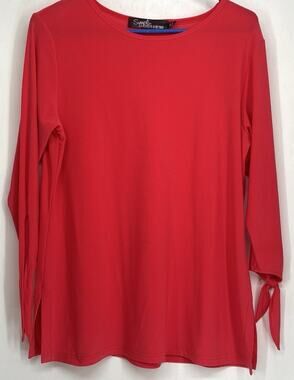 Simpli Top Women's Size 12 Red Long Sleeve Tie Cuff Round Neck Side Slit